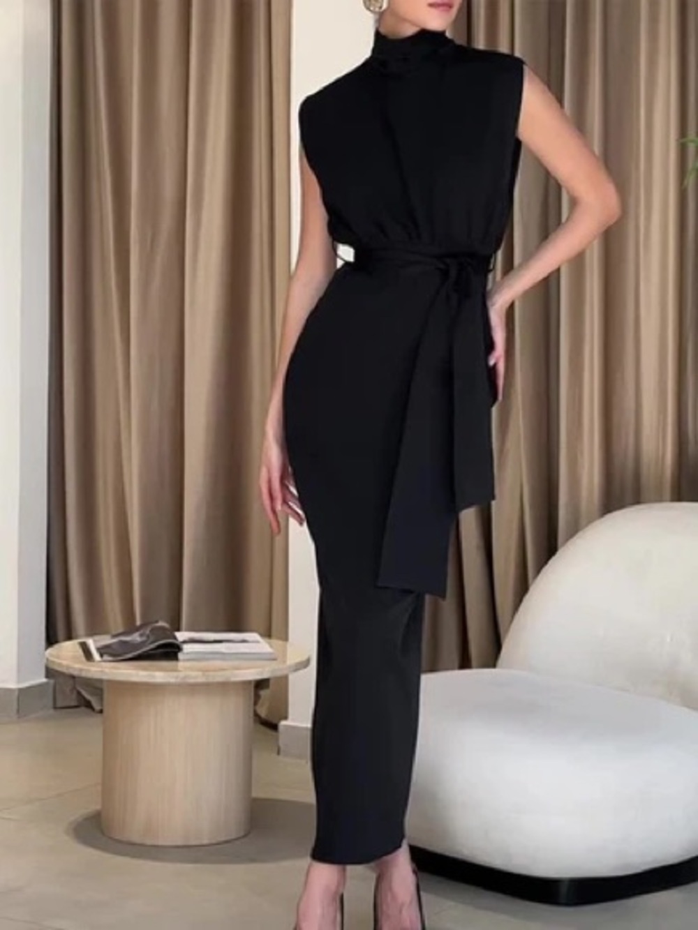Commense Solid Slit Belted Mock Neck Midi Dress Black Size XL NWT Sold Out
